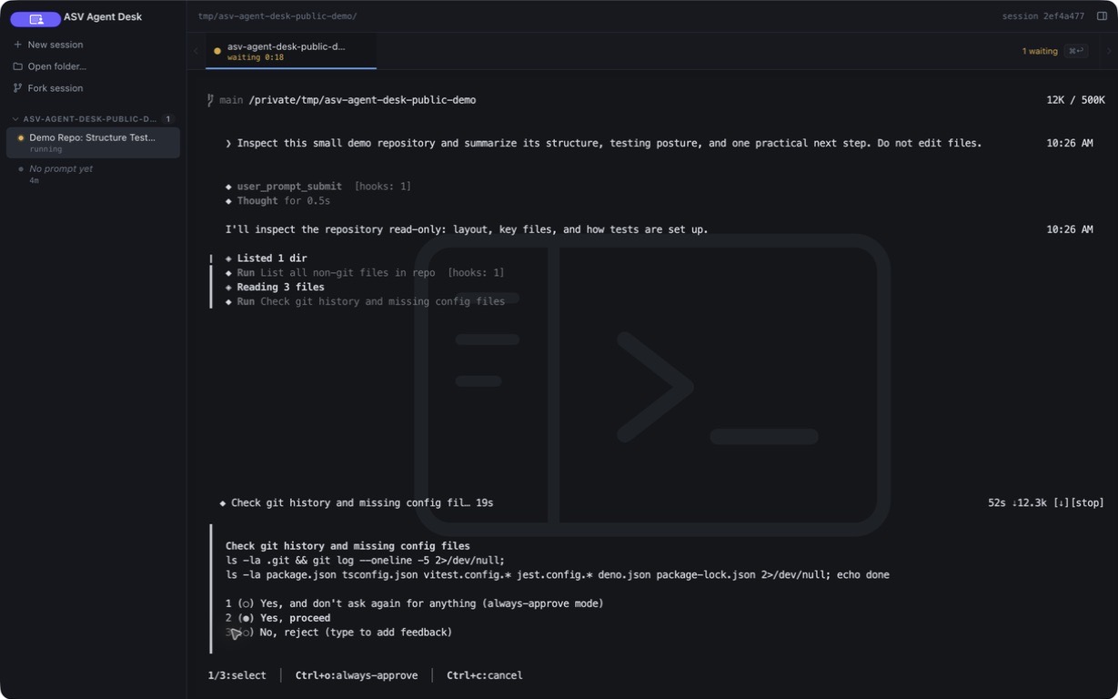 Session rail showing working and needs-you attention states