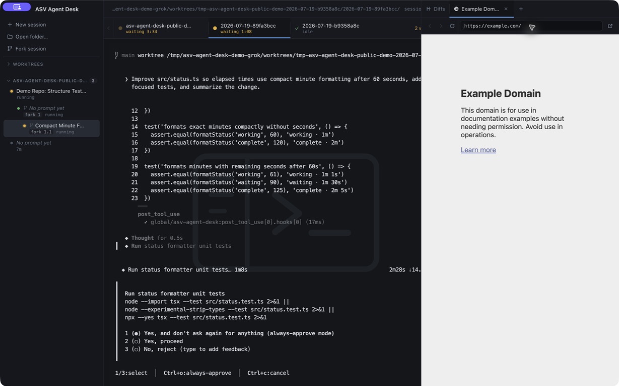ASV Agent Desk diff panel and sandboxed browser tab surface